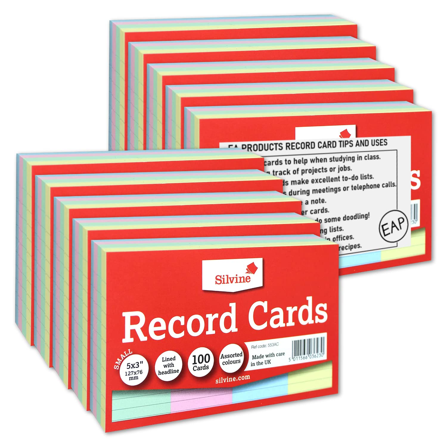 Silvine Record Card Bulk Pack of 1000 | 10 x 100 5x3” Coloured Lined with Headline Record Cards – Size Small 127 x 76mm with Tips and Ideas