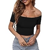 HUHOT Womens Basic Short Sleeve Vogue Fitted Off The Shoulder Cute Crop Tops 2025