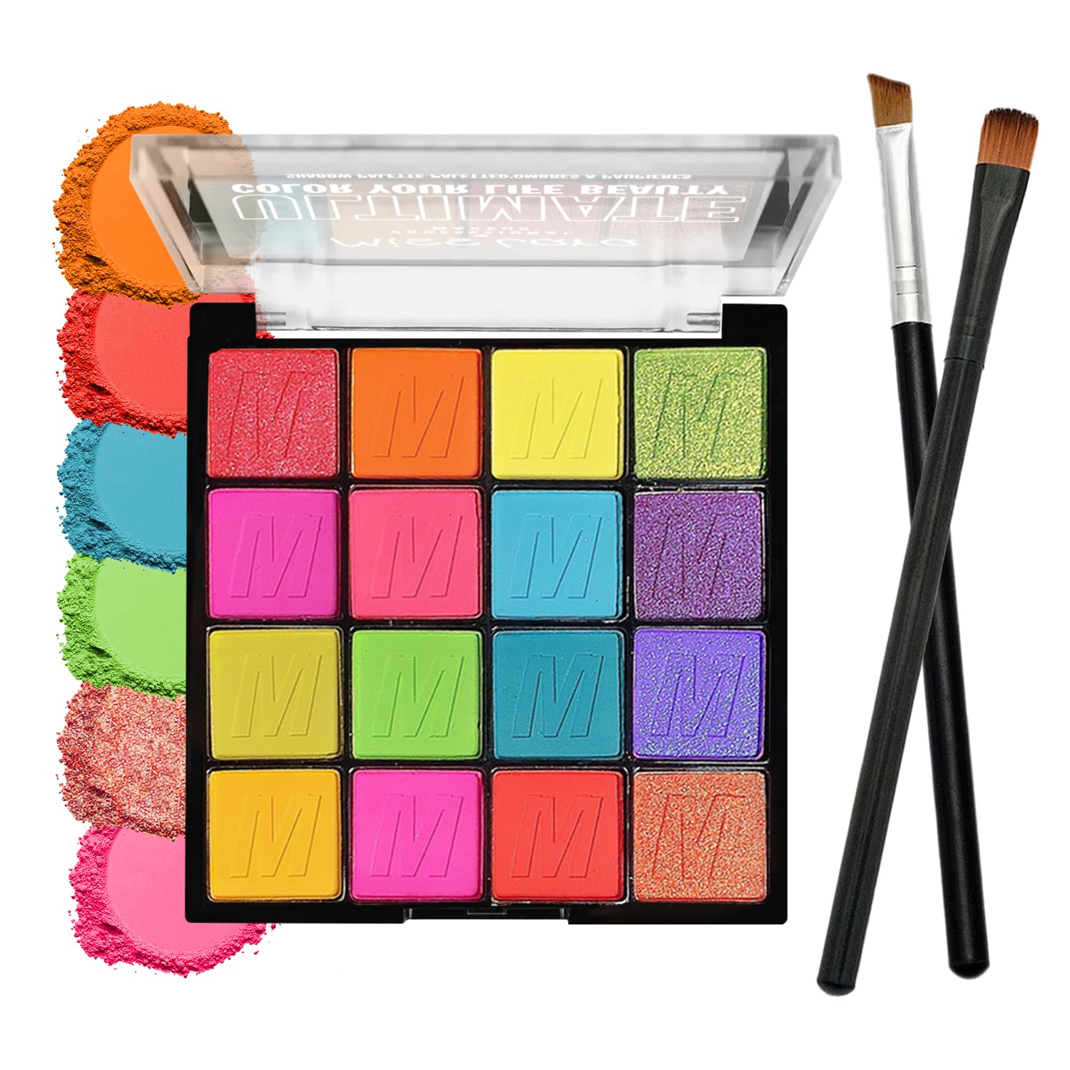 16 Colourful Eyeshadow Palette, Matte & Glitter Shades, Rainbow Eyeshadow, Waterproof & Long-Lasting Eye Makeup, Includes Brush & Angled Brush, for Girls Women Stage, and Party Bold Makeup