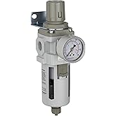 PneumaticPlus SAW400-N04BG Compressed Air Filter Regulator Piggyback Combo 1/2" NPT - Poly Bowl, Manual Drain, Bracket, Gauge