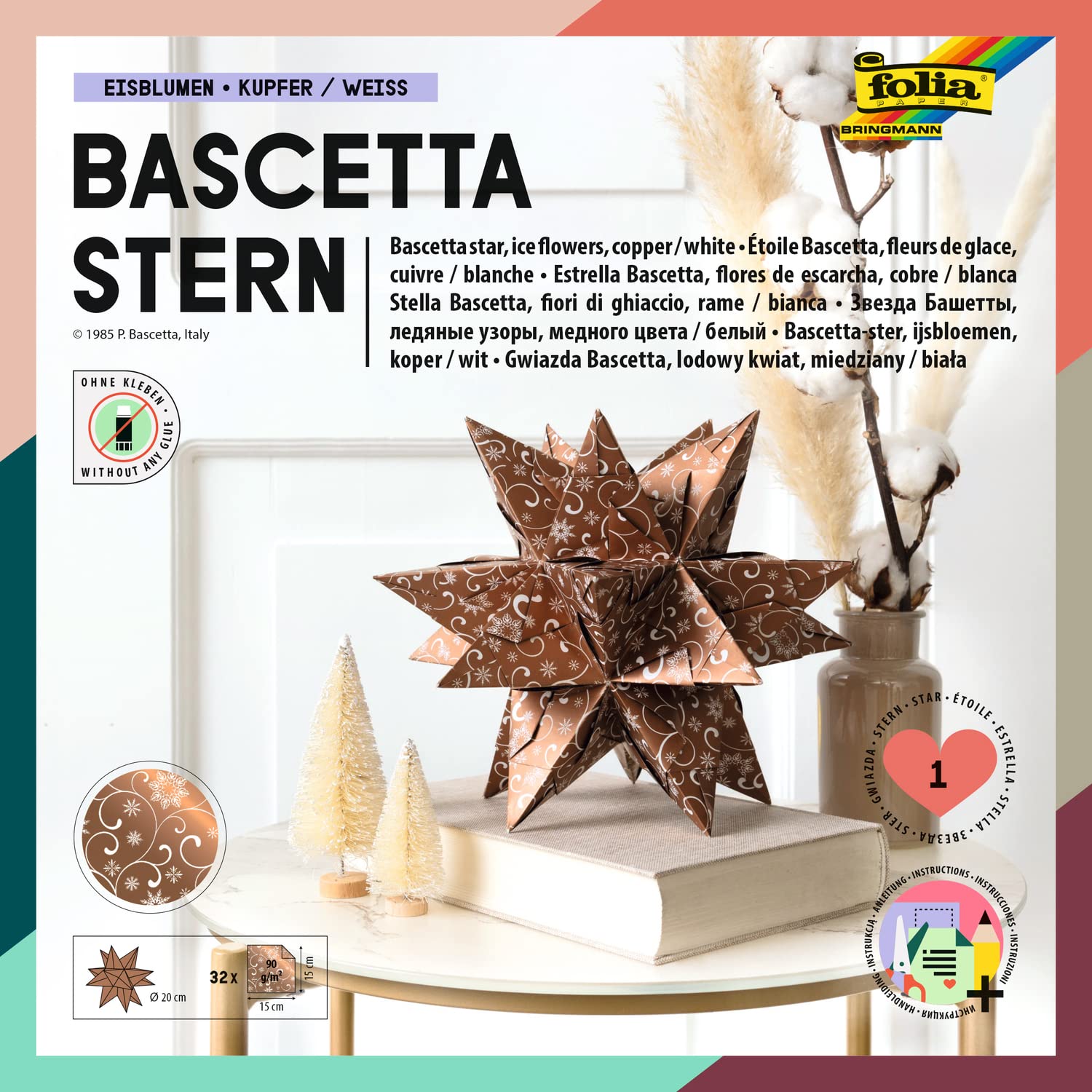 Folia 411/1515 Bascetta Star Christmas Ornament, Copper/White, 32 Sheets, 15 x 15 cm, Finished Size of Paper Star Approx. 20 cm, with detailed instructions (cannot guarantee instructions are in English), ideal for timeless decoration.