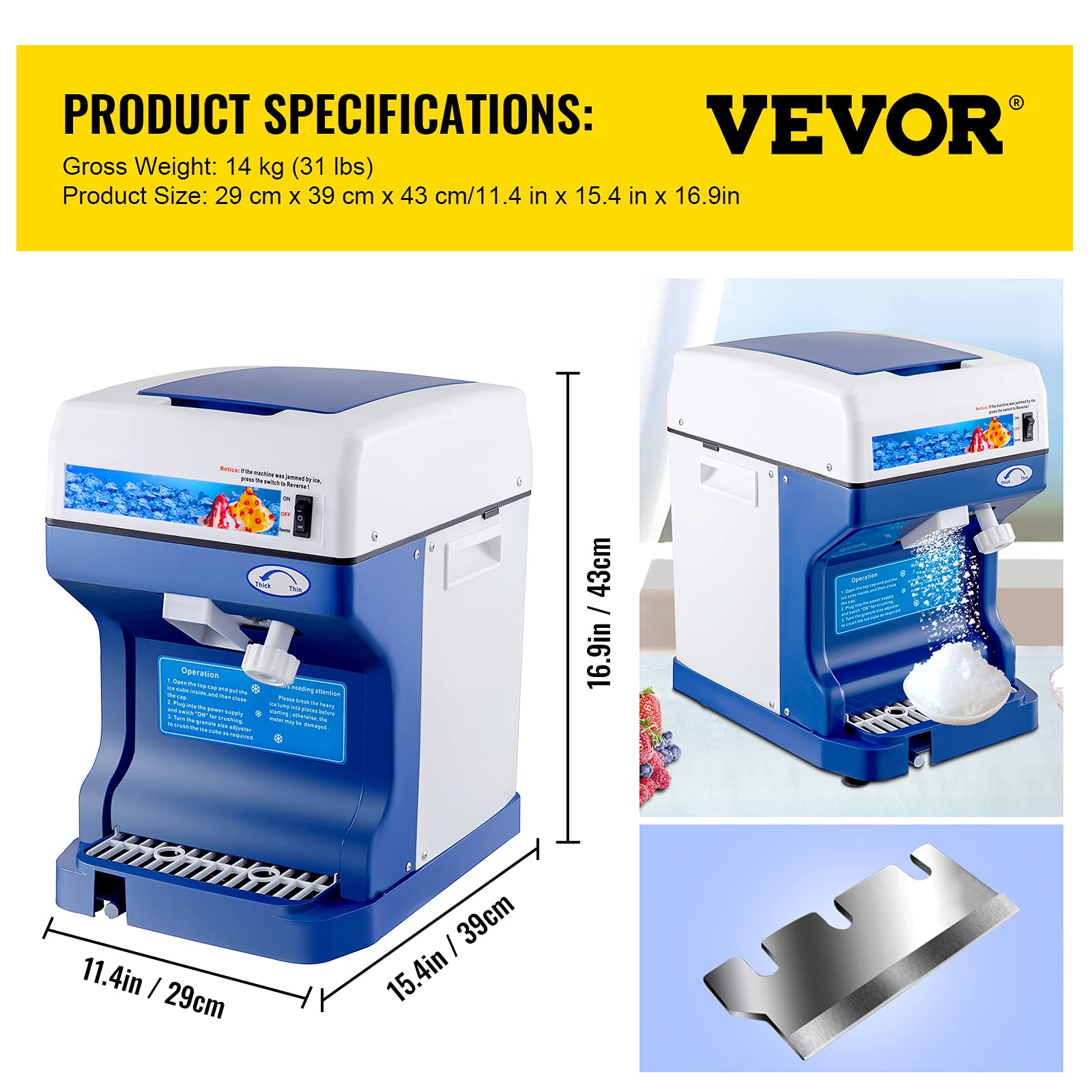 VEVOR 110V Electric Shaved Ice Machine 500W Snow Cone Maker Tabletop w/Adjustable Ice Texture, Ice Shaving Machine 265LBs/hr for Home and Commerical Use