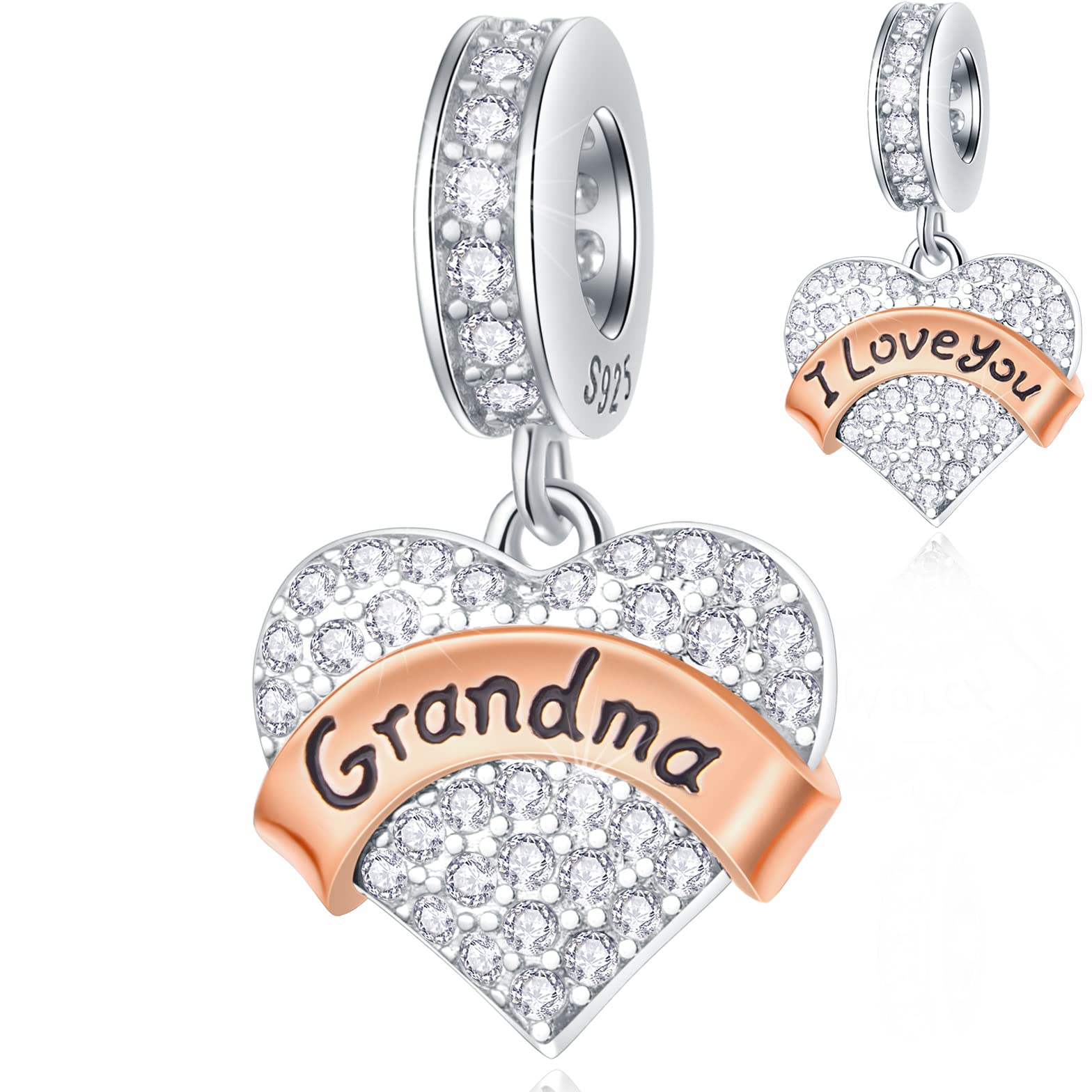 I Love You Grandma Heart Charms, fits Pandora Mothers Day Bracelet Necklace, 925 Sterling Silver Grandmother Clear CZ Pendant, Grandmum Dangle Beads, Gift for Abuela/Granny/Babcia