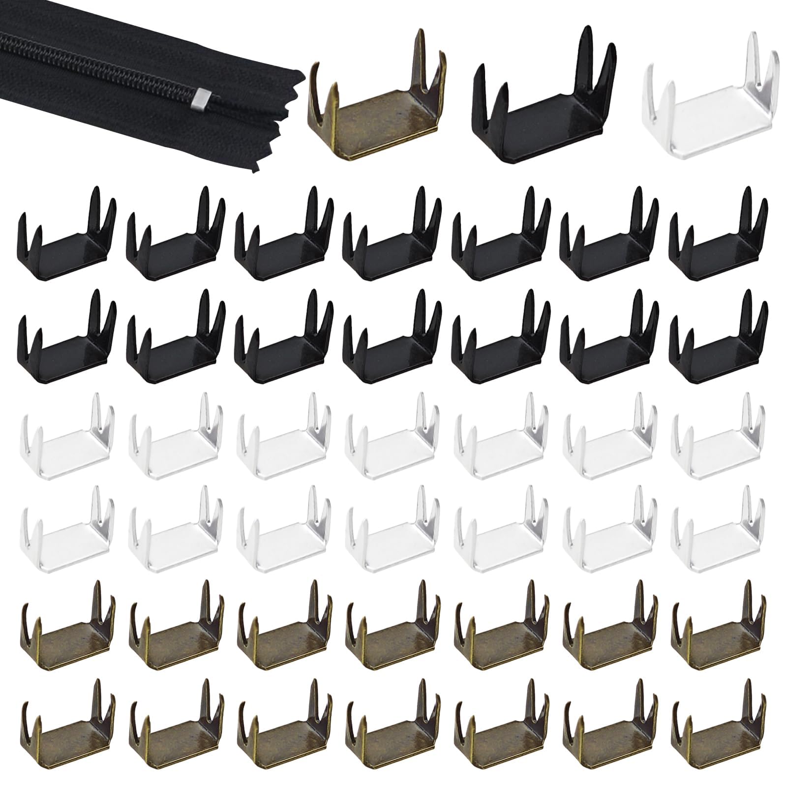 45 PCS Zipper Stoppers, 5 Top & Bottom Stops, Zippers Repair Kits for Bags Coats Jackets(Bronze + Gunmetal + White Silver)