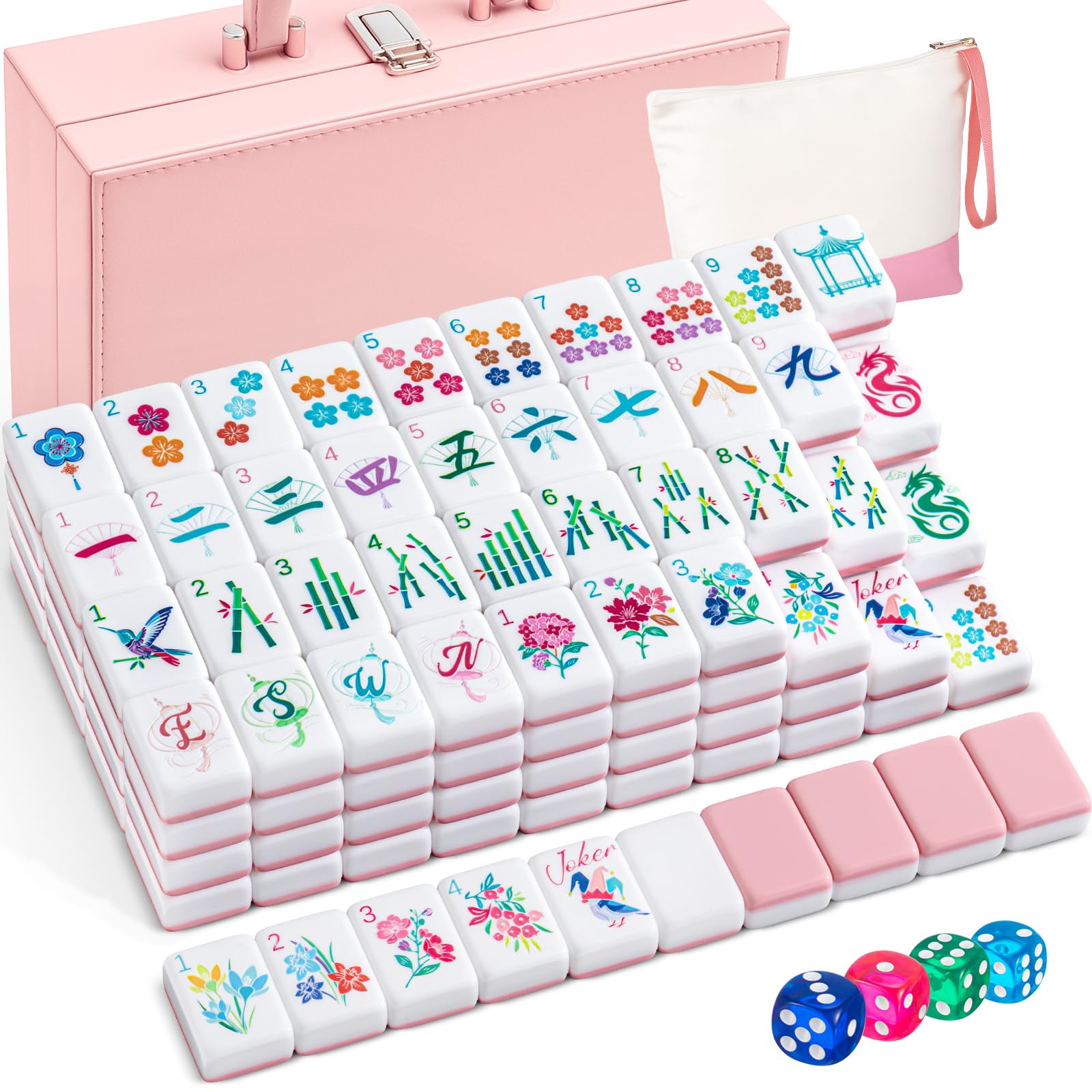Photo 1 of Soulchen 1.4 Inch Acrylic Pink American Mahjong Set 168 Blossom Numbered Tiles, Tiles Bag and Portable Case Classic Complete Mahjong Set for Adult Collection Gift