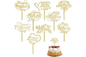 SUMERSHA 9pcs Acrylic Happy Mother's Day Cake Topper, Gold Acrylic Cupcake Topper for Birthday Cake Decorations Party Supplie