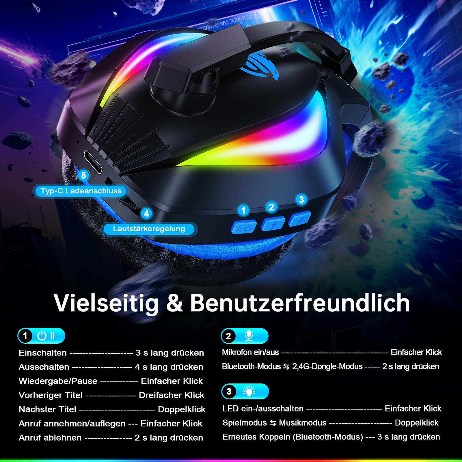 Fachixy FC100 Headset mit Mikrofon, 2,4G Wireless Gaming Headset für PS5, PS4, PC, Switch, Mac, Surround Sound Bluetooth Gaming Kopfhörer kabellos mit LED Licht, Über 50 Stunden Akkulaufzeit 8