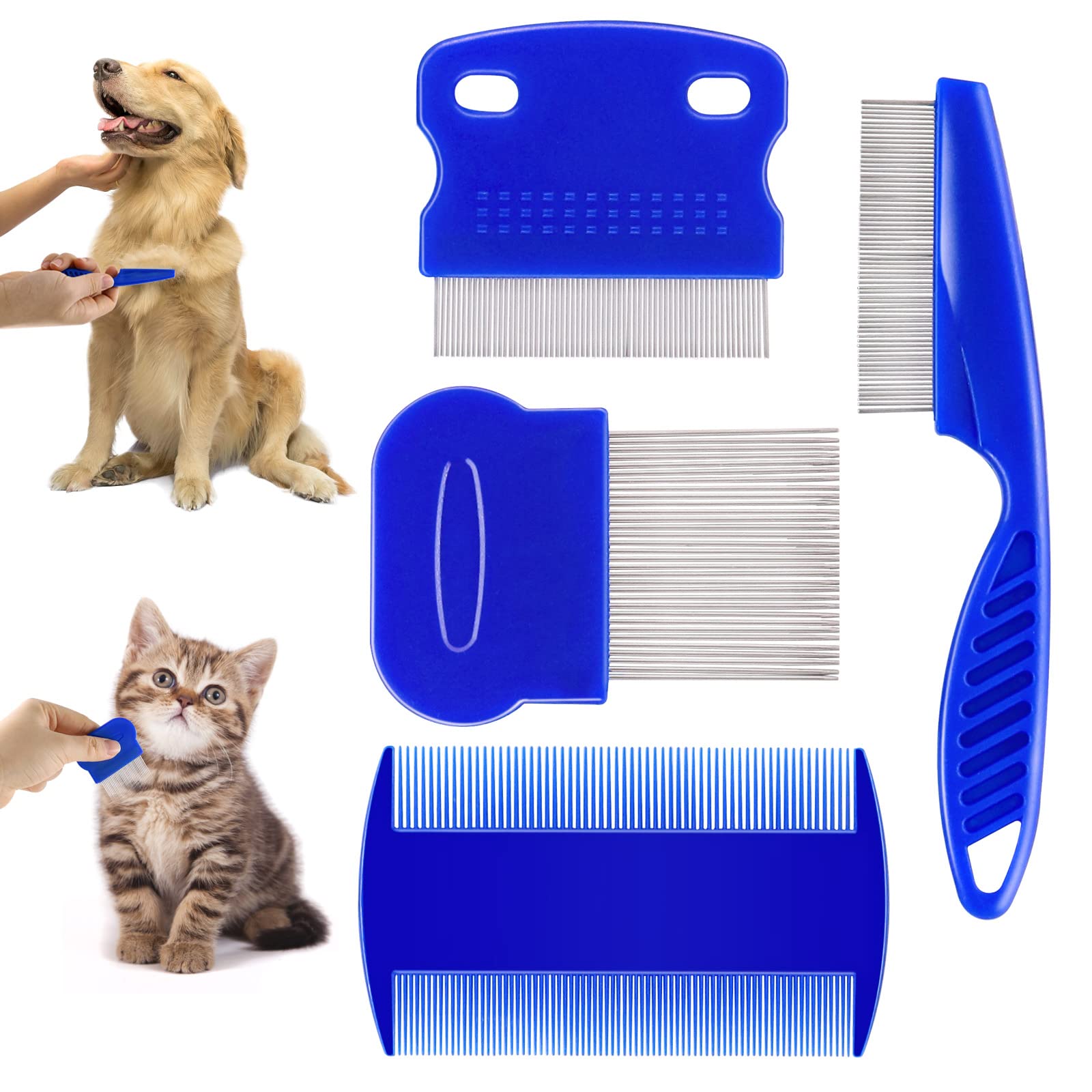 DESIMTION 4 Pieces Stainless Steel Pet Combs, Flea & Lice Combs for Dogs & Cats, Multifunctional Dematting Tool for Pet Grooming