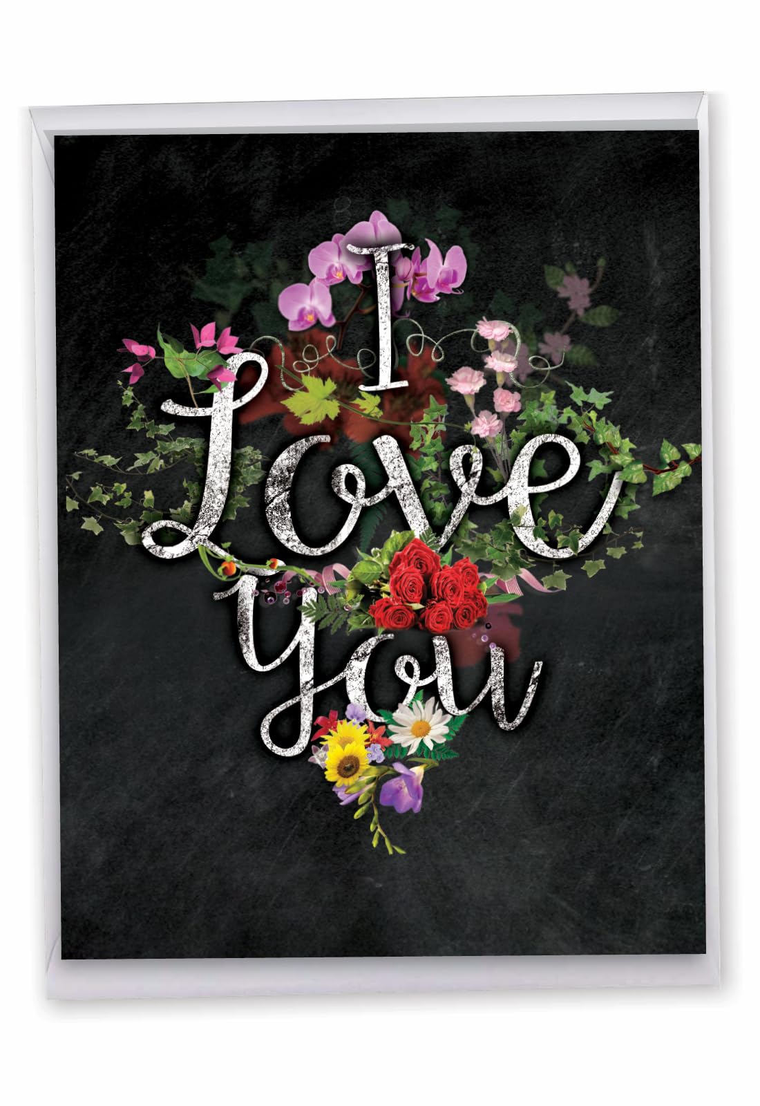 J2358DVDG Jumbo Valentine's Day Card: Chalk And Roses Valentine's - Featuring an "I Love You" Sentiment Written in a Chalkboard Style and Combined with Images of Beautiful Floral Sprays, With Envelo