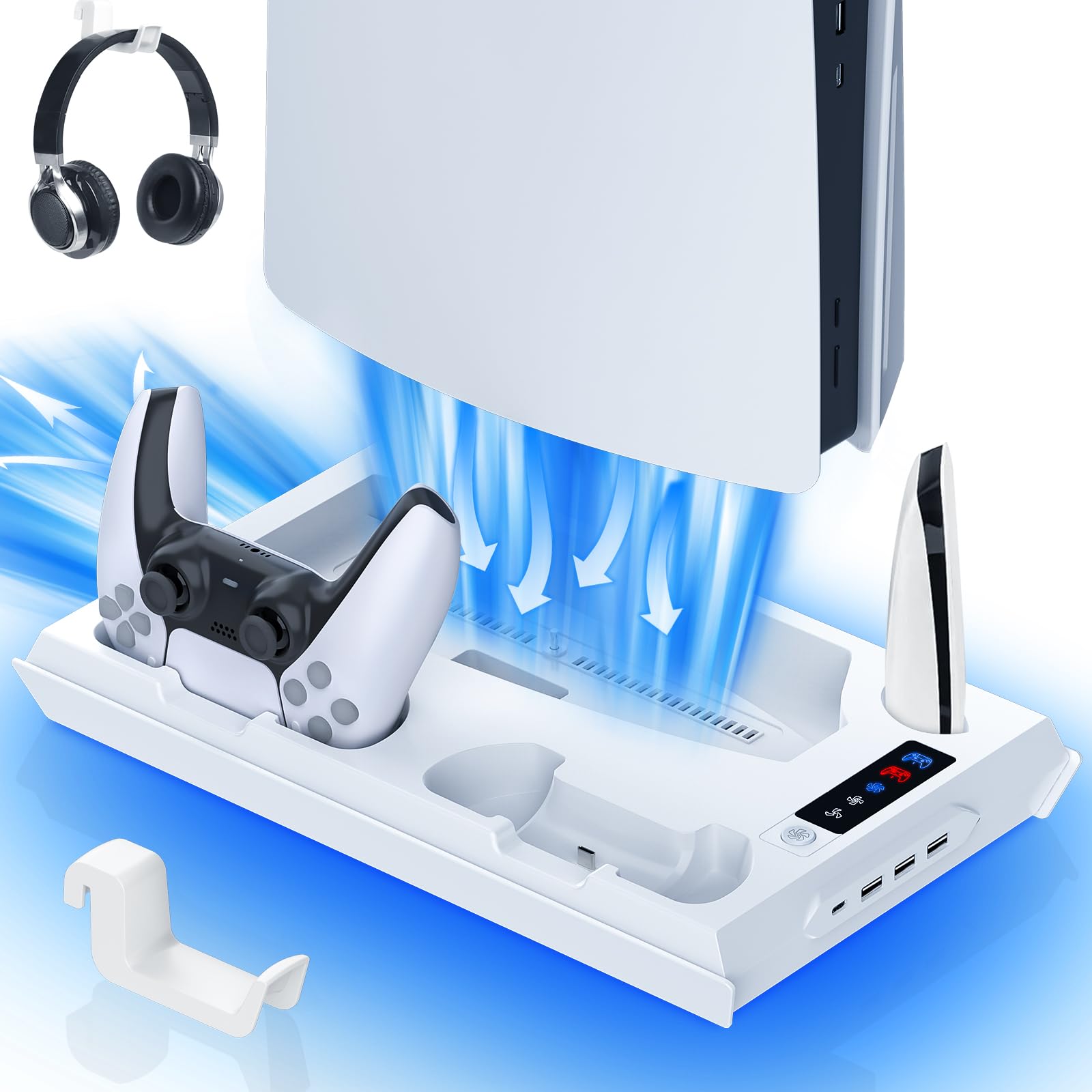 Paobas Cooling Station for PS5 with Dual Controller Charging Station, Stand for PS5 Slim Console, Headset Holder, 4 USB Hub & USB-C Port - All-in-One Accessories Organizer, White