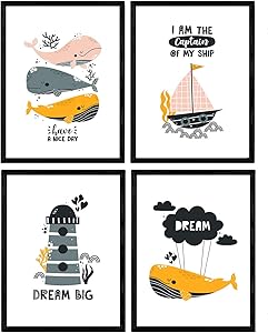 Nacnic Prints Marine Boat on The Sea, Lighthouse, Whale - Set of 1 - Unframed 11x17 inch Size - 250g Paper - Beautiful Poster Painting for Home Office Living Room