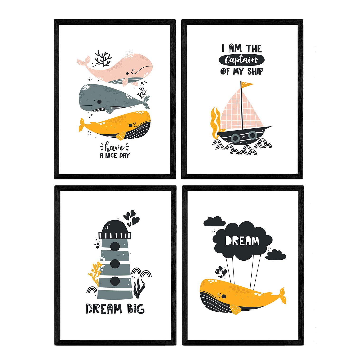 Nacnic Pack four posters with illustrations of whales. Leaves with images of the children of whales. Whales lighthouse marine boat on the seabed. A4 unframed โ image 1