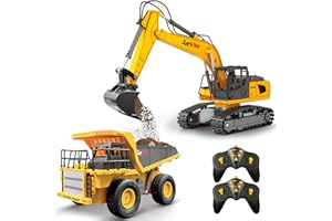 Joylike RC Excavator and Dump Truck Toy Set，2.4Ghz Metal Remote Control Construction Vehicle with Light&Sound, Best Christmas Toy for Boys 8+Year Old Kid