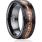 NUNCAD 8mm Tungsten Ring for Men, Black Inlaid Whisky Barrel Wood Antler Hammered Tungsten Wedding Bands Customize Engraved Ring Fit Men Women Size 7-12