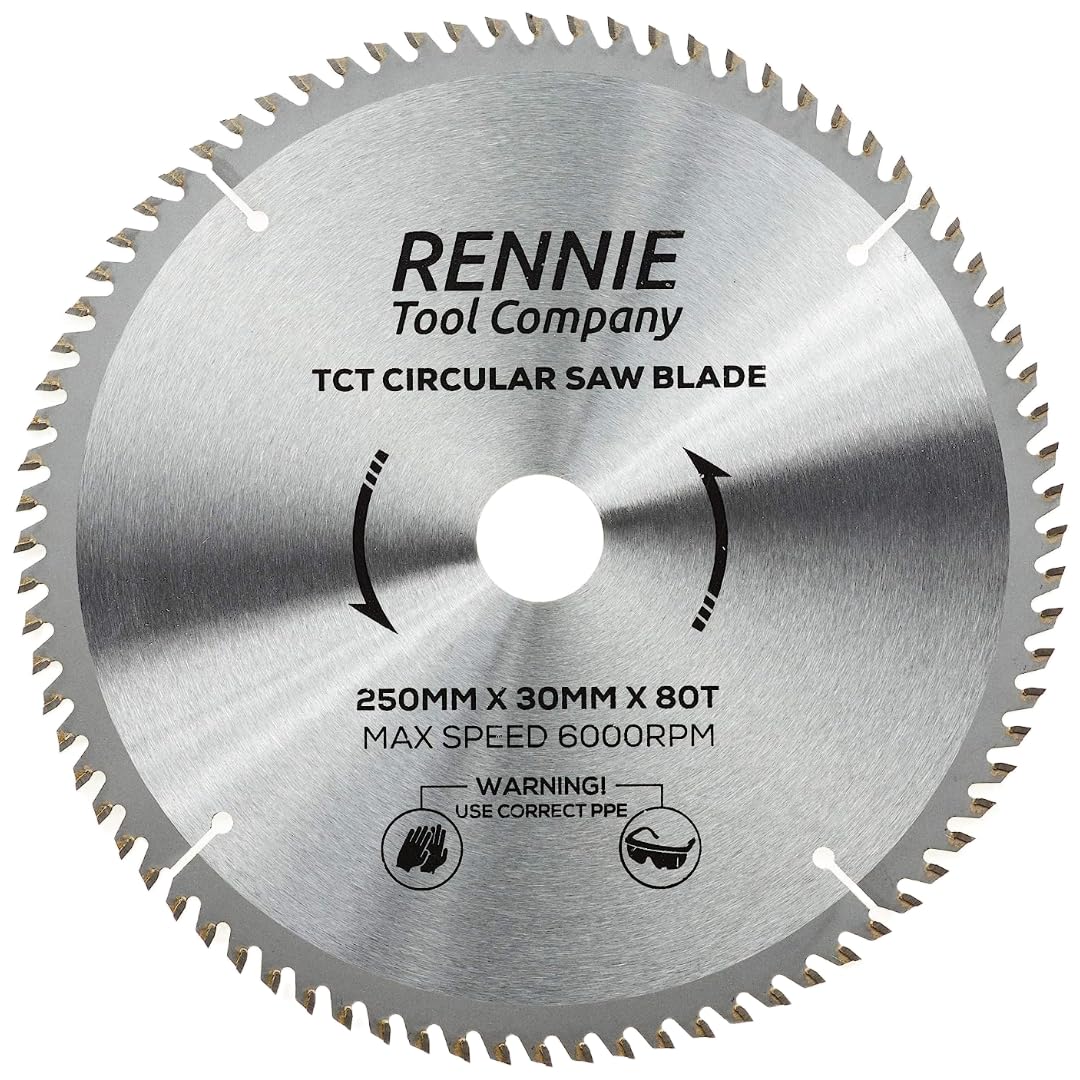 Rennie Tools - 250mm x 30mm x 80T TCT Circular Wood Saw Blade Includes 25mm 20mm & 16mm Bore Reduction Rings. Compatible with Bosch Makita Dewalt Circular Saw Etc. Fits 255mm Circular Saws