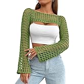 Mincib Womens Crochet Shrug Y2K Hollow Out Bolero Shrug See Through Cropped Knit Sweater Top