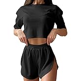 Remidoo Women's Pajamas Set Striped Tee Shirts and Shorts Side Slit Crewneck Loungewear