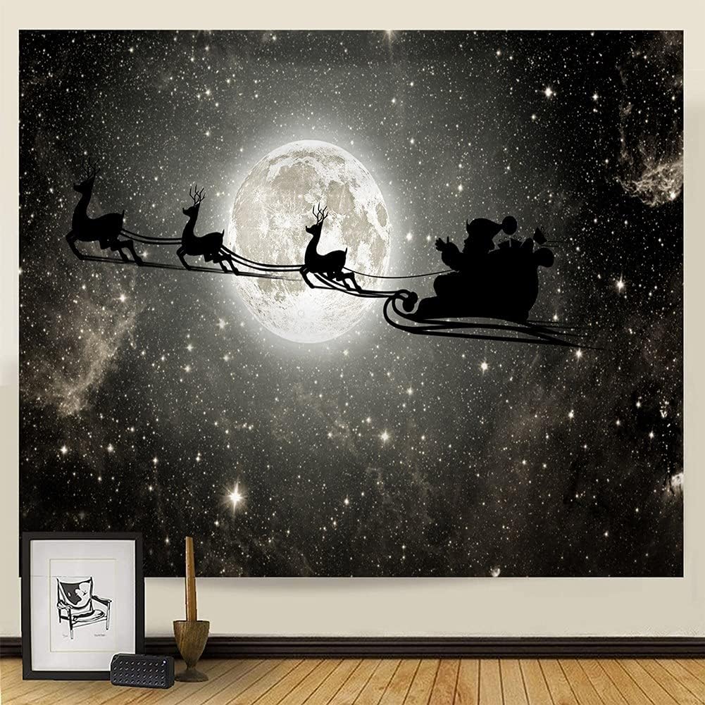 Tapestries - Gowwfud Christmas Tapestry Moon Black Starry Sky Reindeer Xmas Wall Hanging Polyester Tapestries for Home Bedroom Living Room Decoration 51 x 60 Inches