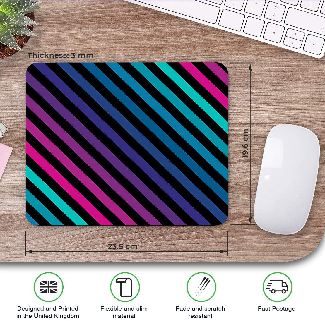 Comfortable Mouse Mat, Fun Retro Stripes Pink Teal 23.5 x 19.6 cm (9.3 x 7.7 inches) for Computer & Laptop, Office - Image 3