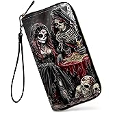 GFRGTFHYT Womens Wallet, Large Capacity RFID Blocking PU Leather Wristlet Wallets for Women Ladies Men Credit Card Holder Zipper Wallet Phone Holder Clutch Travel Purse, Human Bone Skull