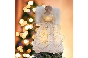 HAPTOYPET Christmas Angel Tree Topper with LED Light, 14" Angel Treetop Figurine with Dress, Feather Wings, and 10 Lights for Indoor and Outdoor Holiday Decoration, Xmas Home Ornaments - Gold