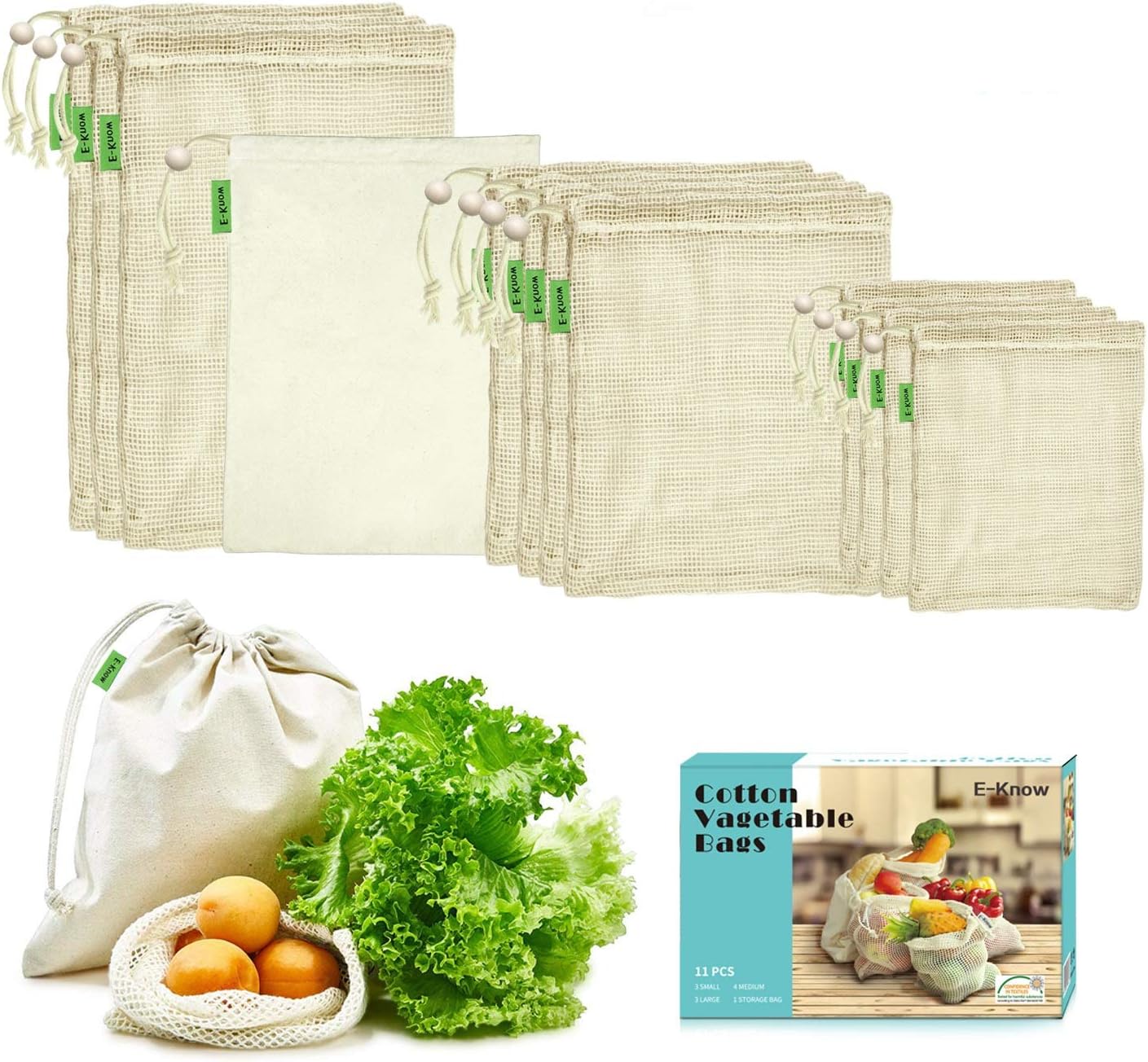 E-Know Vegetable Bags Made of Cotton, Set of 11 Fruit and Vegetable Bags, Natural Mesh Cotton, Zero-Waste (3 Small, 4 Medium
