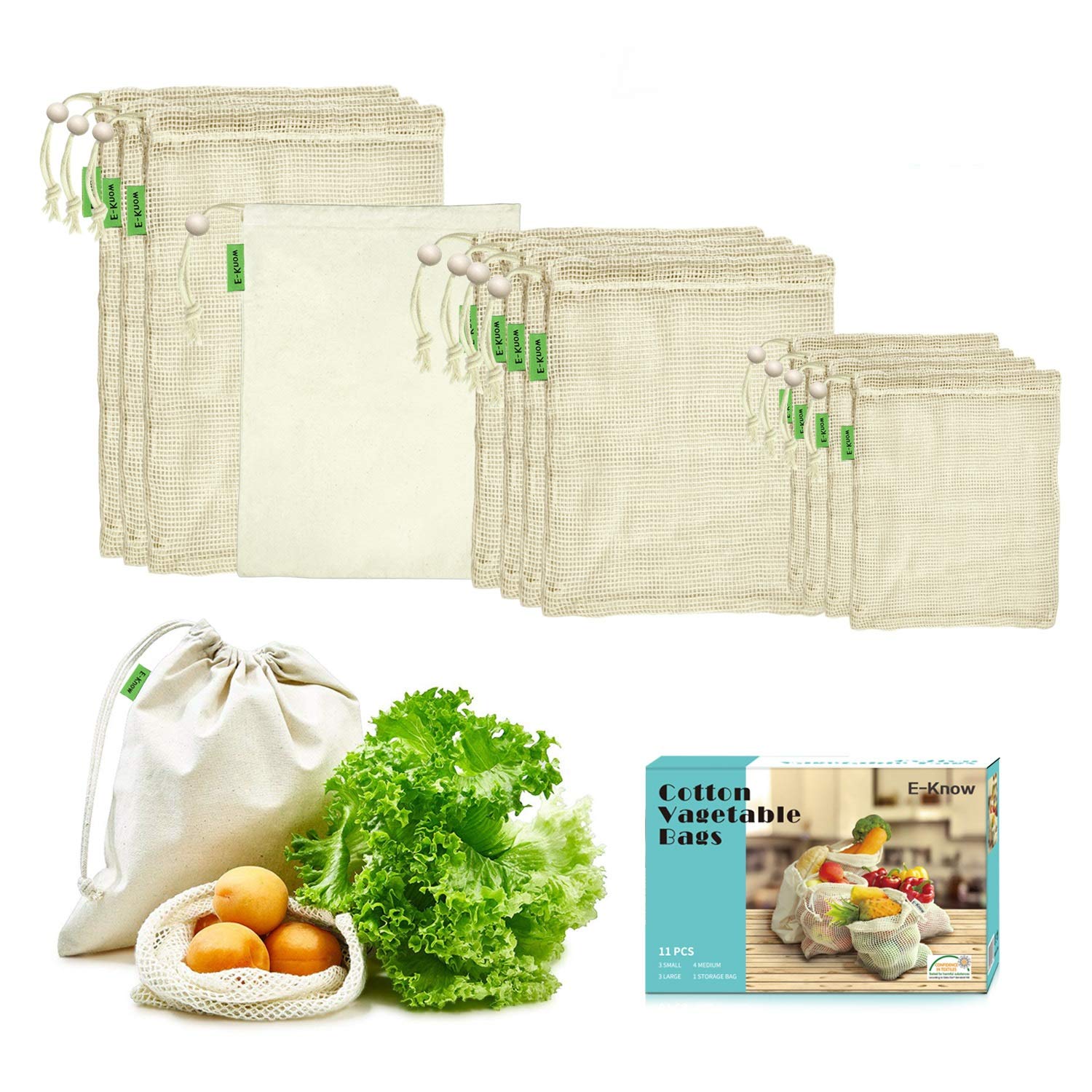 E-Know Reusable Mesh Cotton Produce Bags - 11 Pack (3 Small, 4 Medium, 3 Large, 1 Storage Bag), Plastic Free, Eco Friendly