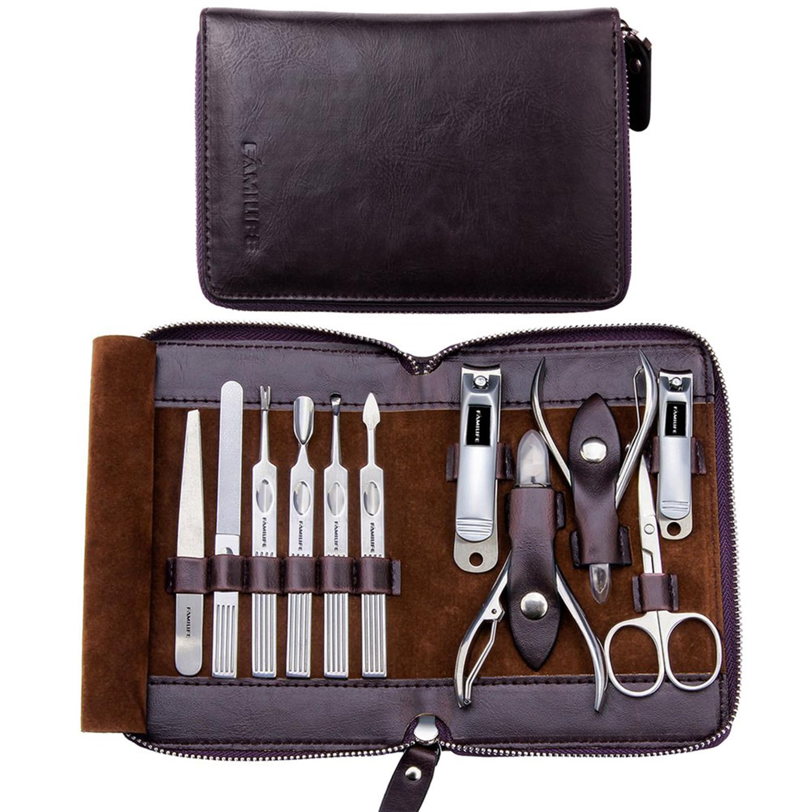Photo 1 of FAMILIFE Manicure Set, Nail Clippers Set Professional Manicure Kit 11 in 1 Stainless Steel Pedicure Tools Nail Kit Mens Grooming Tool with Portable Leather Travel Case Dark Violet Birthday Gifts
