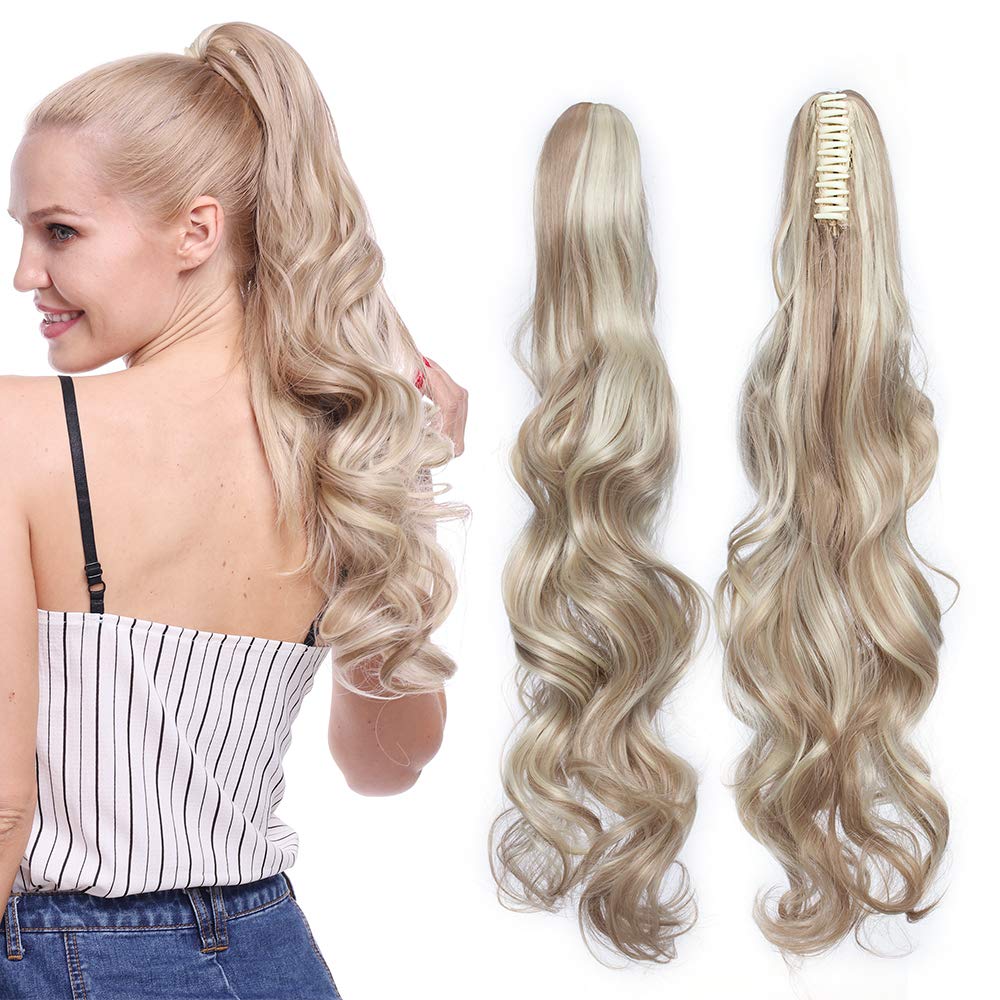 Silk-co Ponytail Hairpiece 24 inch Claw on Clip in Pony Tail Hair Extensions Hairpieces Big Wave/Curly(Sandy&Bleach Blond)