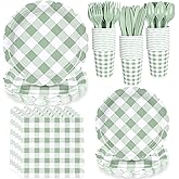 175 Pcs Sage Scalloped Gingham Party Supplies for 25 Guests, Sage and White Checkered Paper Plates, Cups and Napkins Sets for Baby & Bridal Shower, Wedding, Birthday Party, Outdoor Picnic