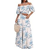 HUUSA 2026 Summer 2 Piece Boho Outfits for Women Short Sleeve Off Shoulder Crop Top and High Waist Flowy Long Skirt Set