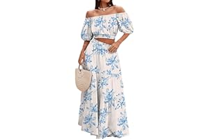 HUUSA 2025 Summer 2 Piece Boho Outfits for Women Short Sleeve Off Shoulder Crop Top and High Waist Flowy Long Skirt Set