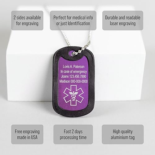 Custom Medical Alert Necklace for Men Women Aluminum Military Army Style  Engraved ID Tag Emergency Awareness