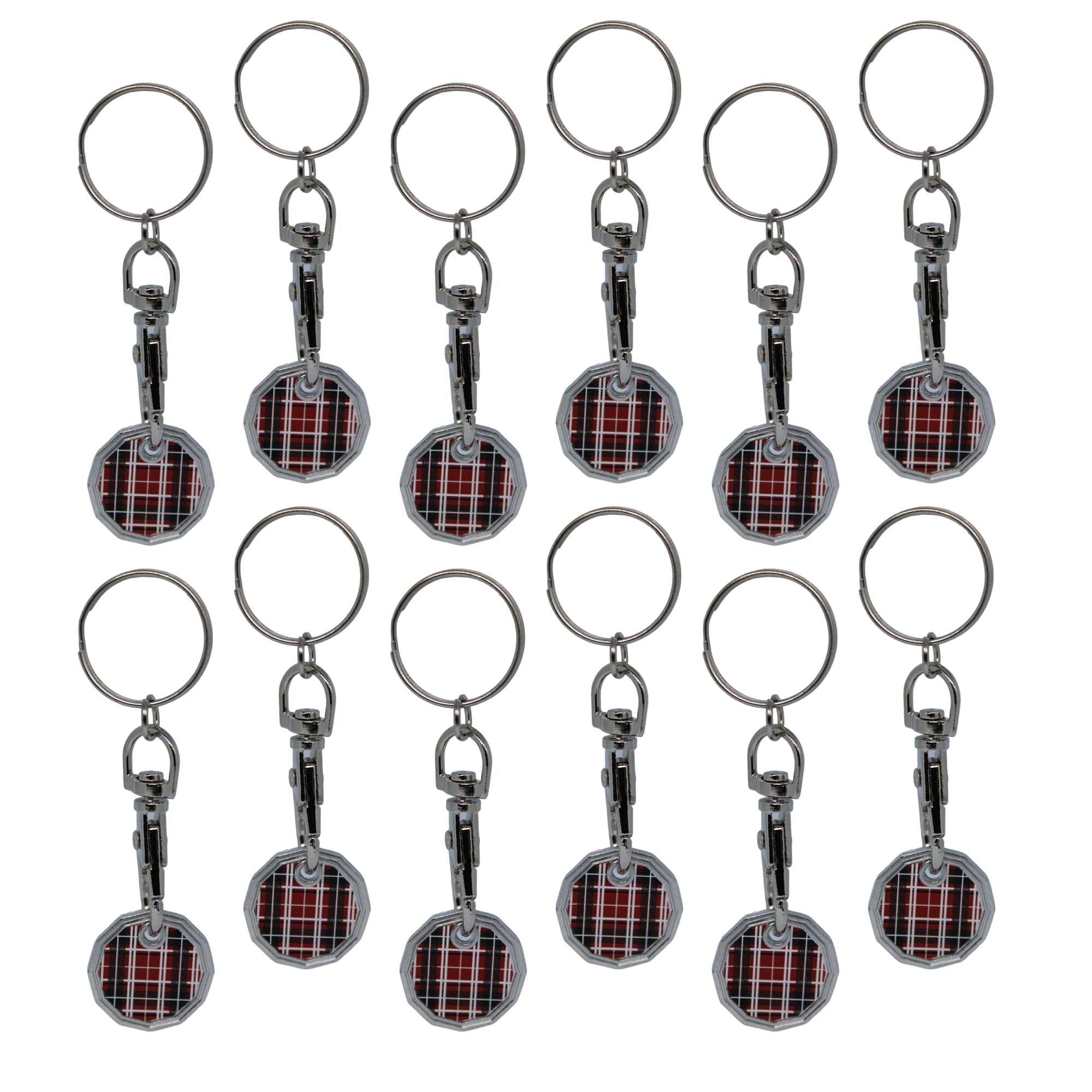 12pk Shopping Trolley Token Key Ring | Trolley Tokens for Supermarket, Gym Locker | New Pound Coin UK Tokens (12pk Tartan)