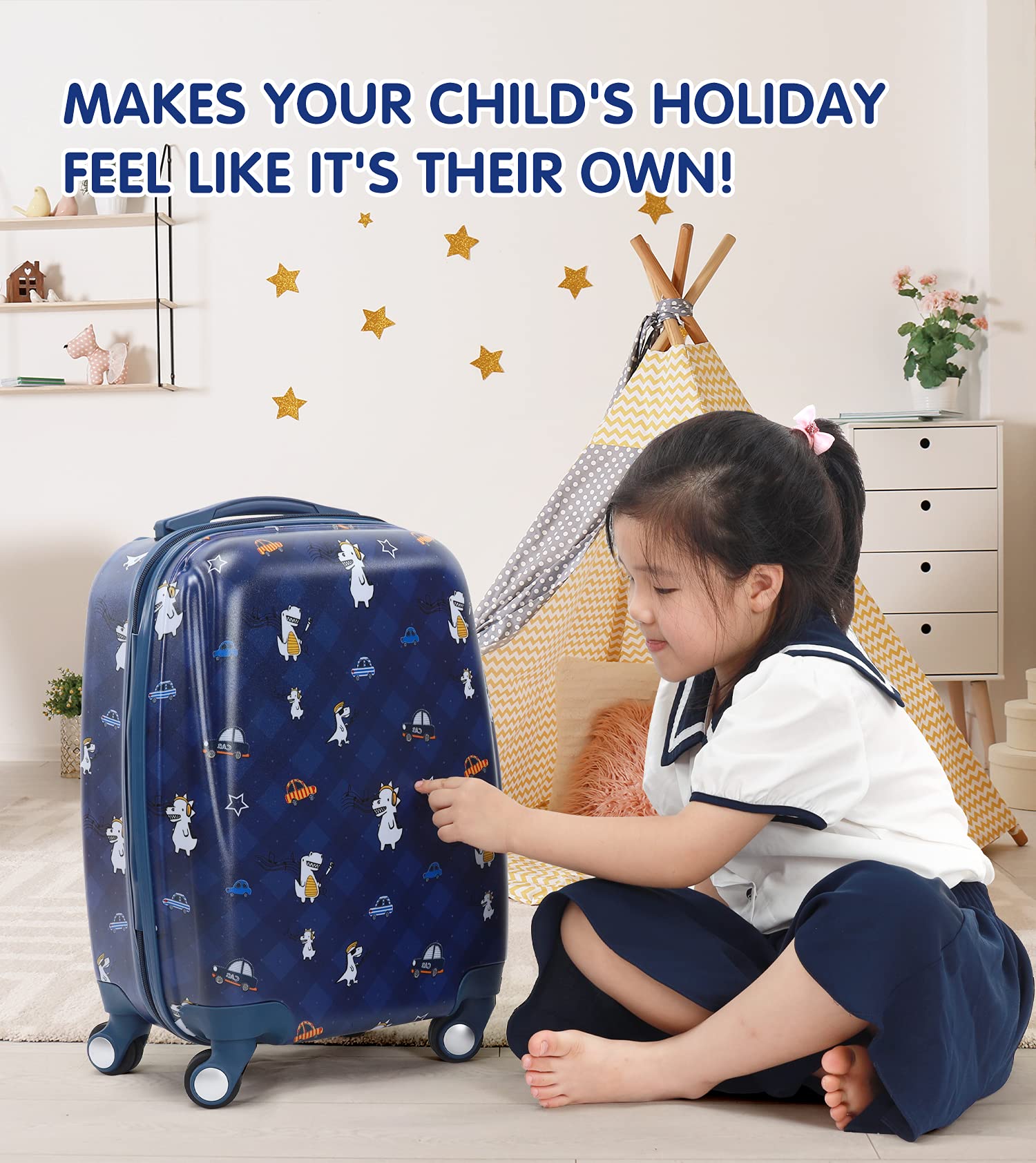 GURHODVO Kids Carry On Luggage Children Rolling Suitcase with 4 Wheels Hardshell Case for Toddler to Travel (dinosaur&car)