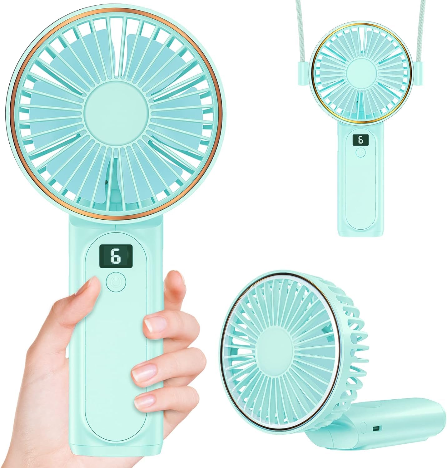 Peiyuu Portable Fan, 4000mAh USB Rechargeable, 180° Foldable Mini Desk Fan with 6 Wind Speed, LCD Digital Display, Lanyard as Neck Fan, Ultra Quiet