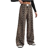 RoseSeek Women's Leopard Print Wide Leg Pants Patched Elastic Waist Casual Loose Trousers