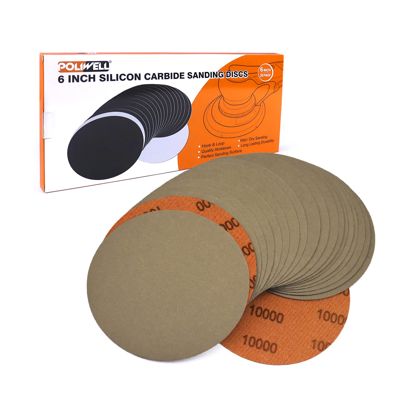 6 Inch (150mm) 10000 Grit High Performance Waterproof Hook & Loop Sanding Discs Heavy Duty Silicon Carbide Round Flocking Sandpaper for Wet/Dry Sanding Grinder Polishing Accessories, 20-Pack