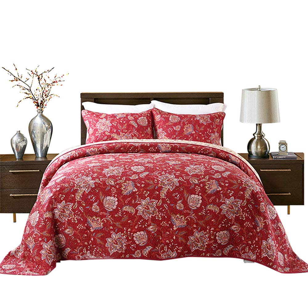 HNNSI 3 Pieces Quilt Comforter Sets Queen Size 3 PCS, Red Flower Patchwork Cotton Bedspread,Comfy and Soft Bedding Sets (Red Floral)