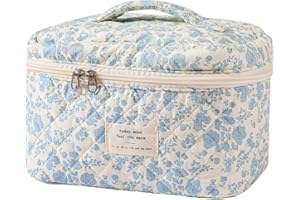 uekeboag Large Travel Quilted Makeup Bag for Women, Floral Cotton Cosmetic Bag, Coquette Aesthetic Floral Toiletry Organizer Bag