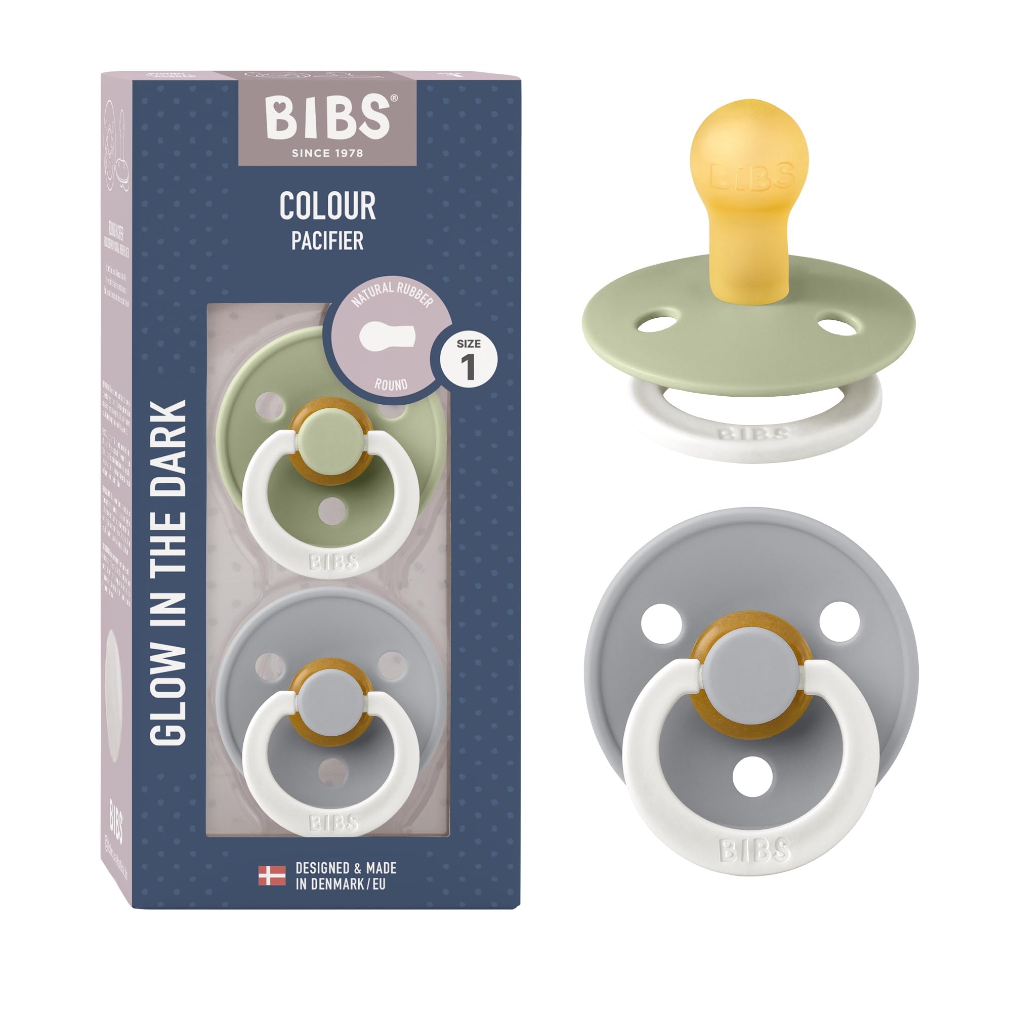 BIBS Colour Glow Soother 2-Pack, Glow in The Dark BPA Free Dummy Pacifier, Round Nipple. Natural Rubber Latex, Size 1 (0-6 Months), Sage Night/Cloud Night