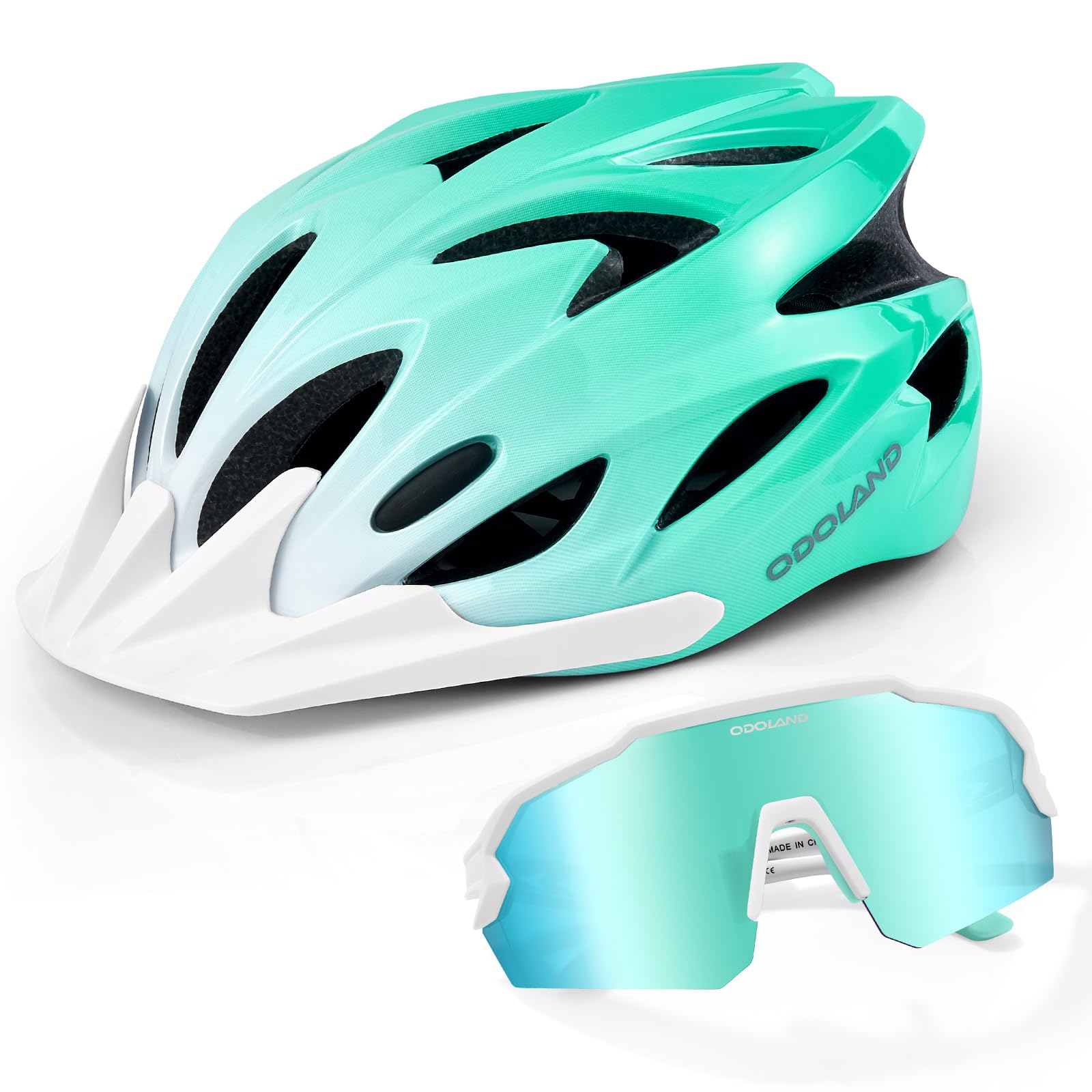Odoland Bike Helmet with Cycling Sunglasses, Adjustable Size Adult Cycling Helmets for Men Women Road Bike Mountain Ebike, Cyan White Gradient Image