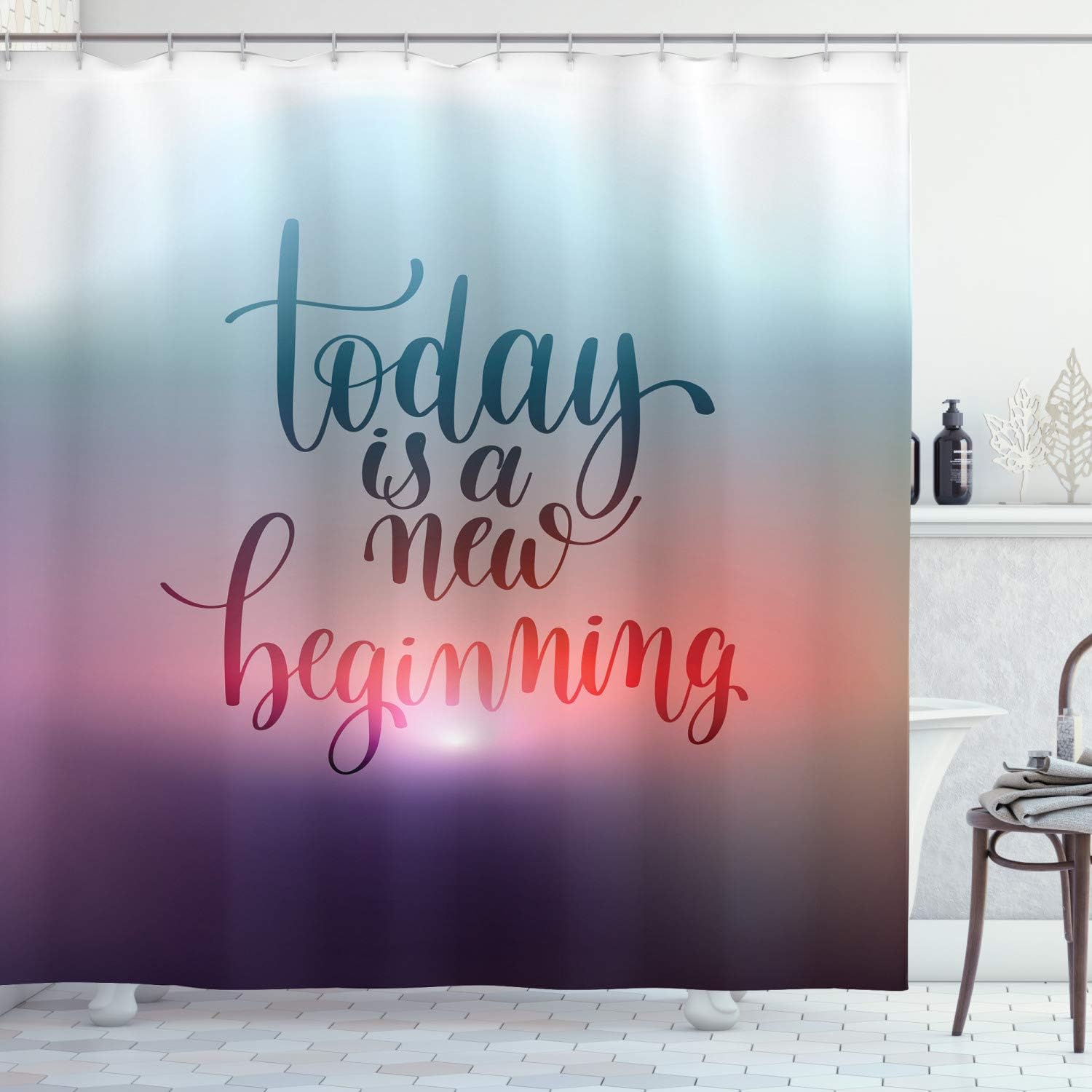 Amazon Com Lunarable Saying Shower Curtain Calligraphic Today Is A New Beginning Hand Lettering Positive Motivational Message Cloth Fabric Bathroom Decor Set With Hooks 84 Long Extra Blue Purple Home Kitchen