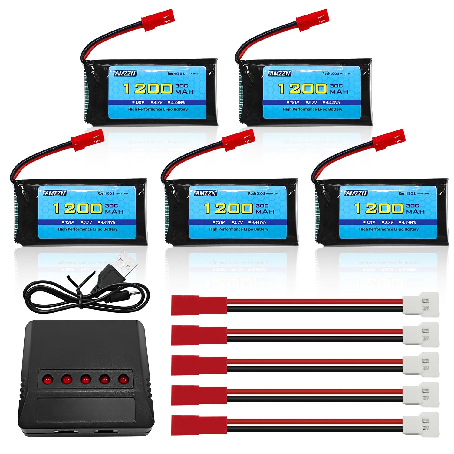 AMZZN 5PCS 3.7V 1200mAh 30C JST Plug Lipo Battery with 5-in-1 Charger for MJX T04 T05 T25 X900 X9TW V2400HD V2450FPV V2450GPS RC Drone Lithium Battery Accessories