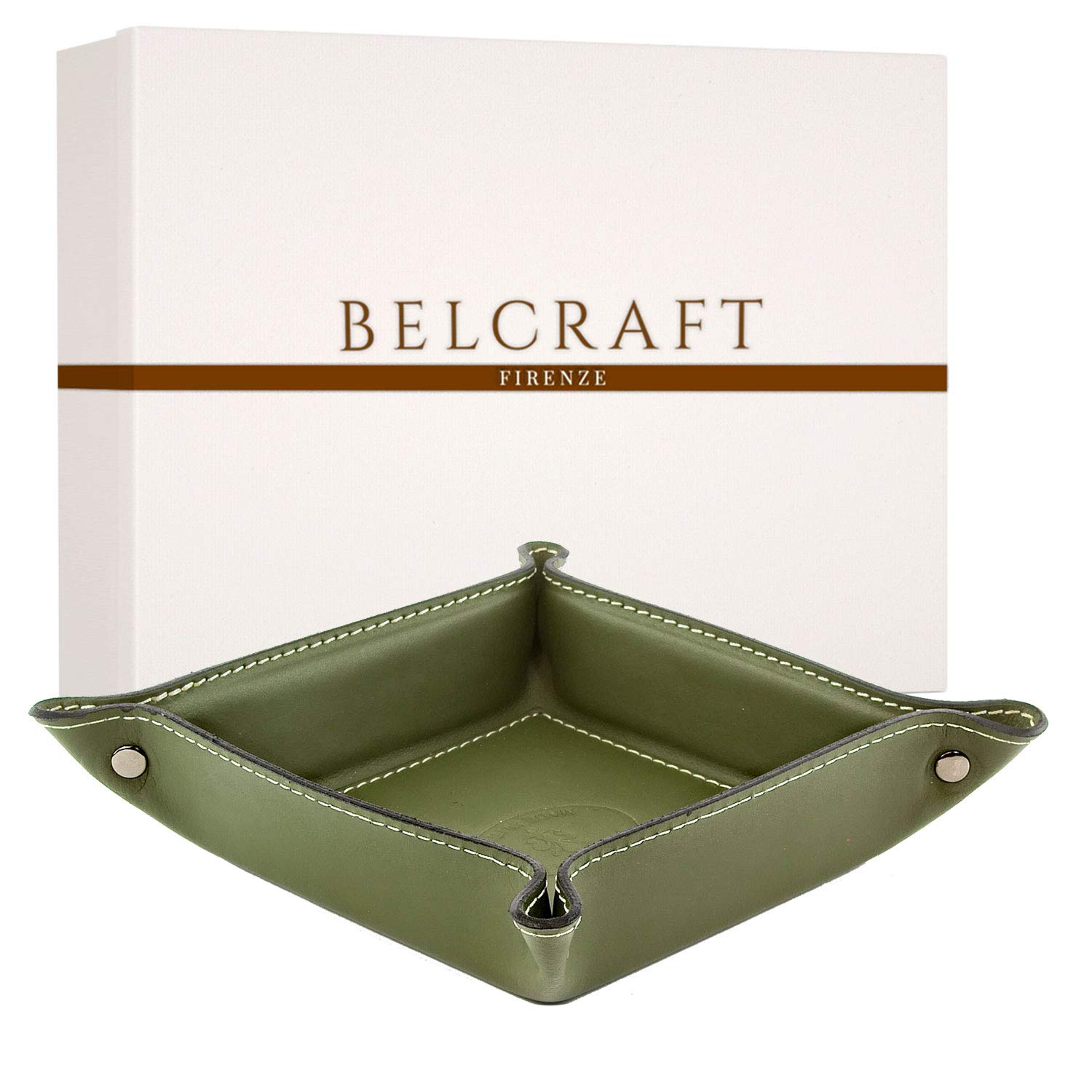 Orvieto Leather Tidy Tray, Handmade Classic Italian Style, Key Wallet, Coin Box, Green (19x19 cm)