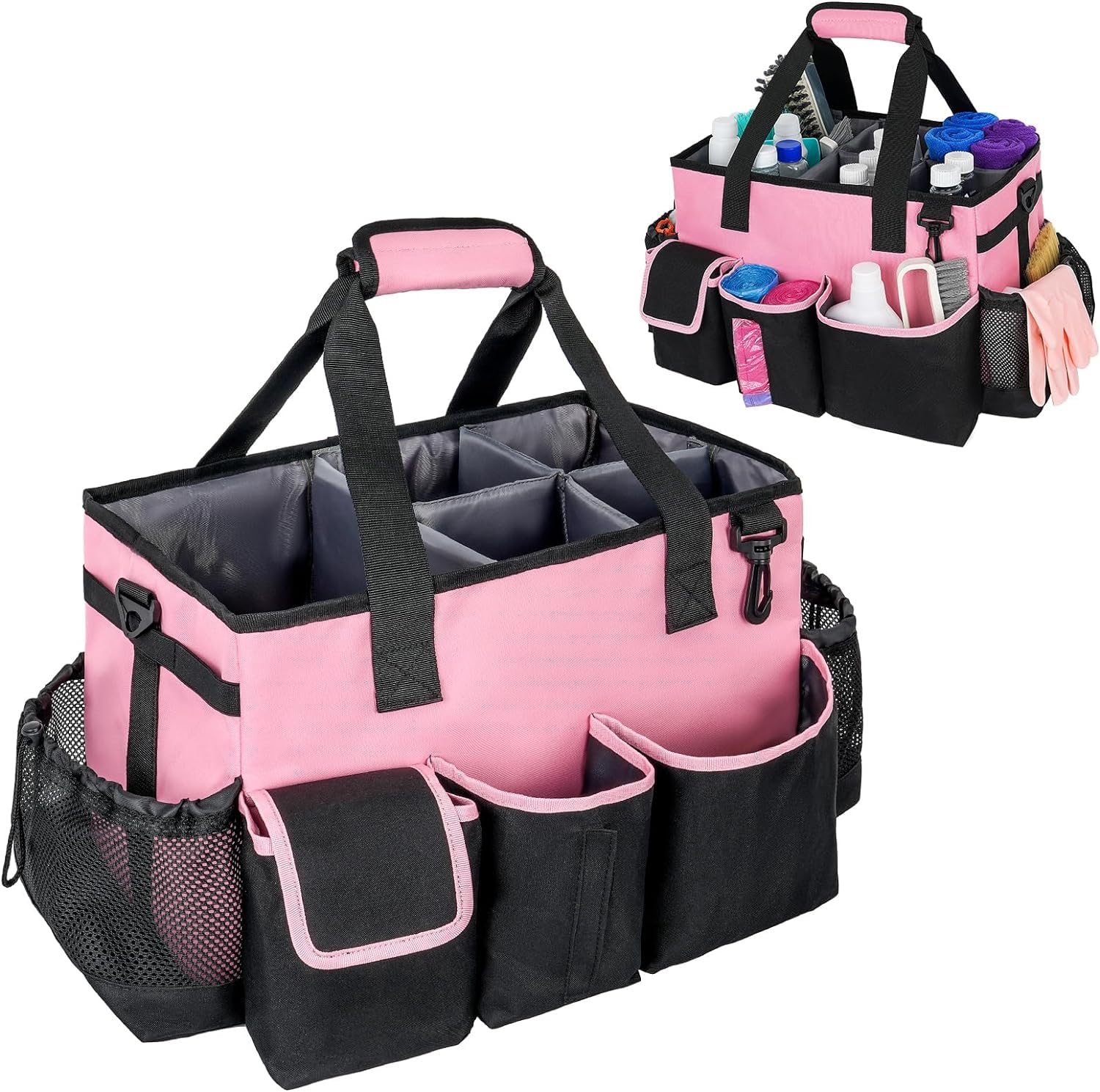 Cleaning Caddy with Handle,Cleaning Organiser,Multifunctional Cleaners Bag with Detachable Thick Dividers,Adjustable Waist Belt,Shoulder Straps for Cleaning Supplies,Home,Car,Garden,Large,Pink