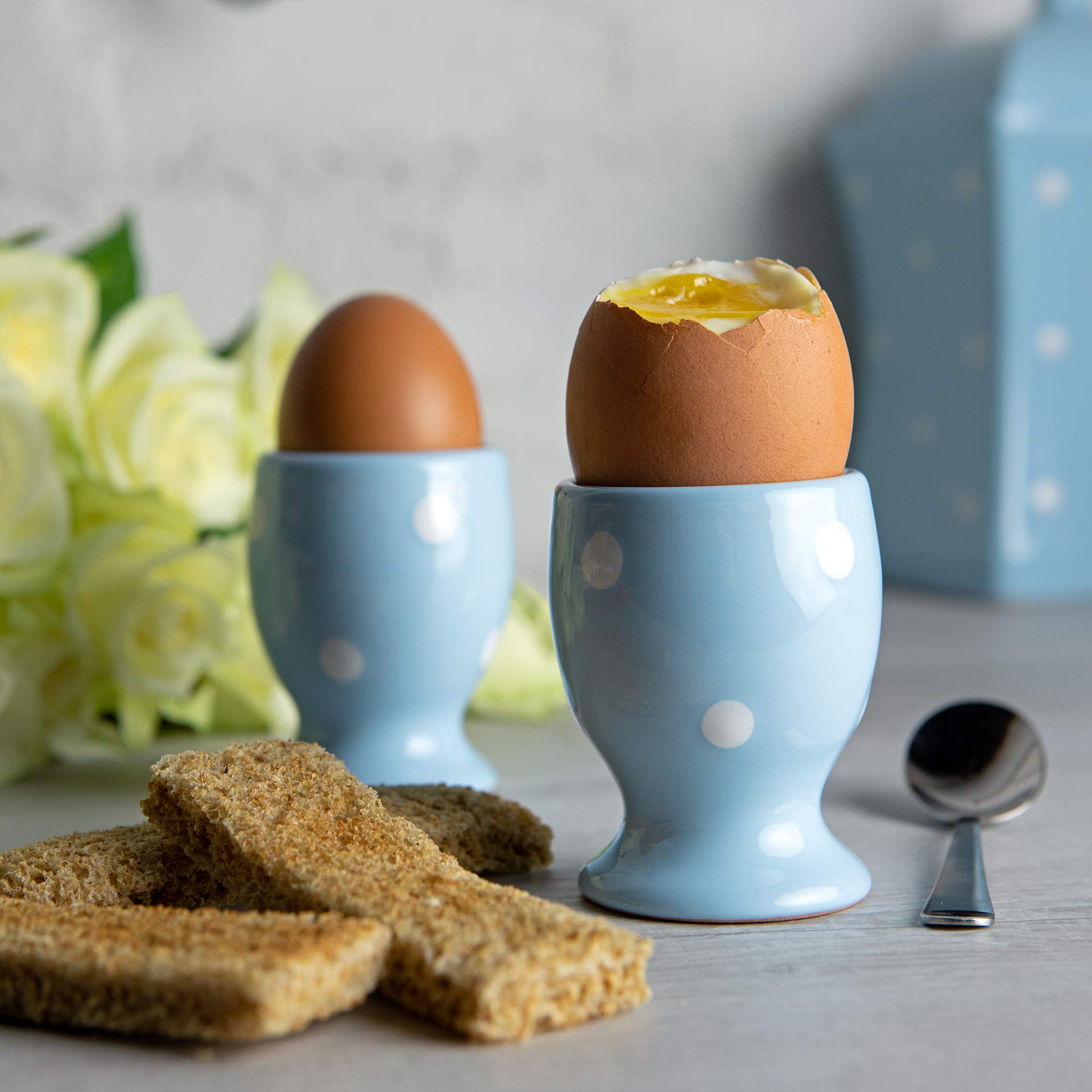 City to Cottage Ceramic Egg Cup Holder Set of 2, Soft Boiled Egg Cups, Hard Boiled Eggs Stand Holders, Breakfast Cooking Kitchen Egg Serving Cup, Handcrafted Egg Cups (Baby Blue Polka Dot)