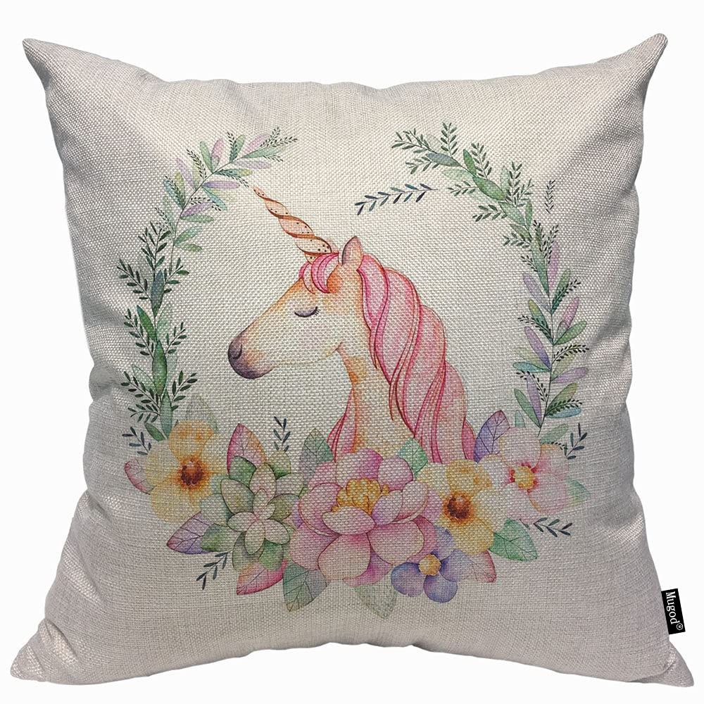 Mugod Colorful Watercolor Unicorn Cushion Cover Throw Pillow Covers Pink Wavy Hair Unicorn in Garland Pillow Case for Men Women Decorative Home Sofa Chair Couch 45x45cm/18x18 Inch