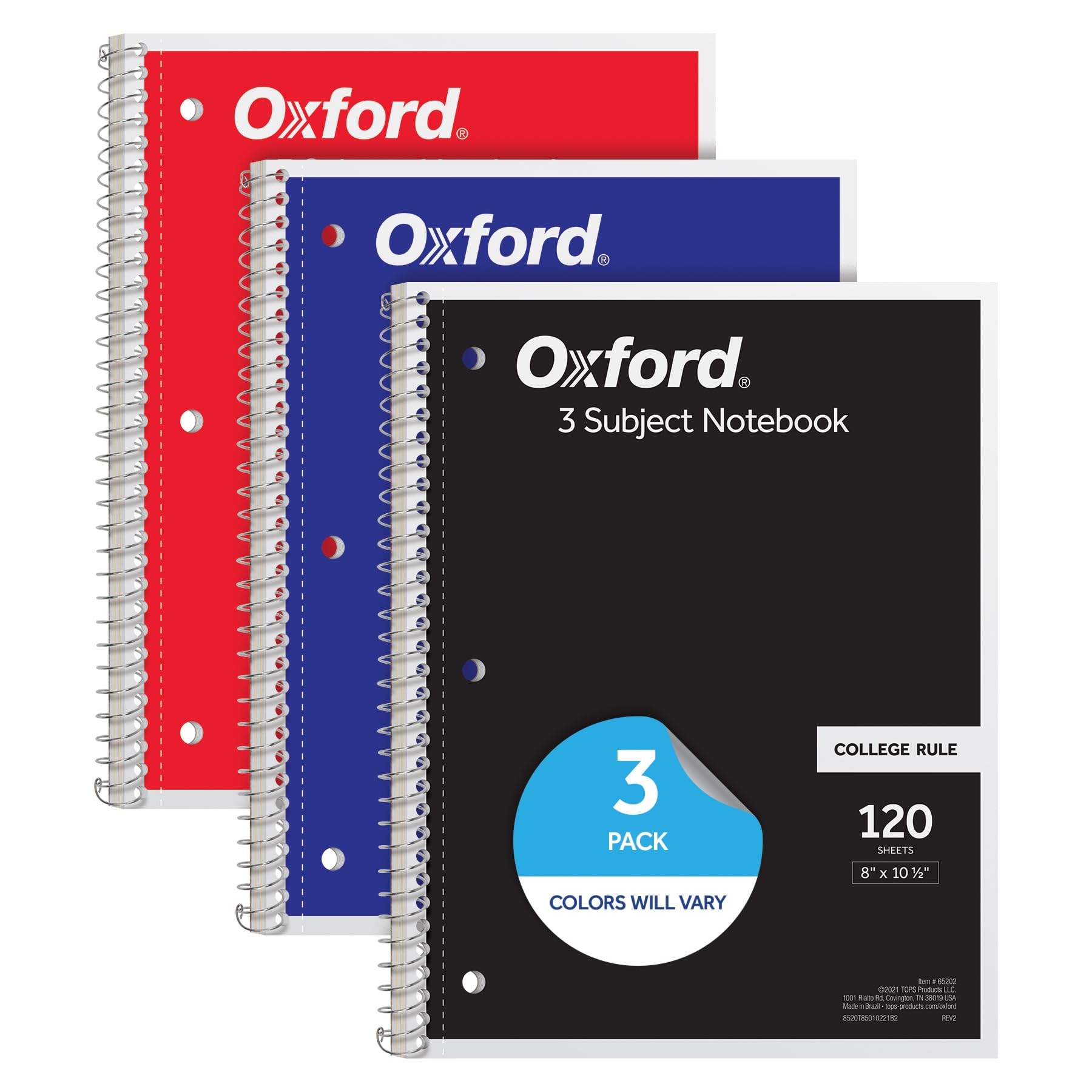 Photo 1 of Oxford Spiral Notebooks, 3 Pack, 3 Subject, College Ruled Notebooks for School, 8 x 10.5 Inches, 120 Sheets, 2 Dividers, Assorted Colors, Back to School Supplies (65202)