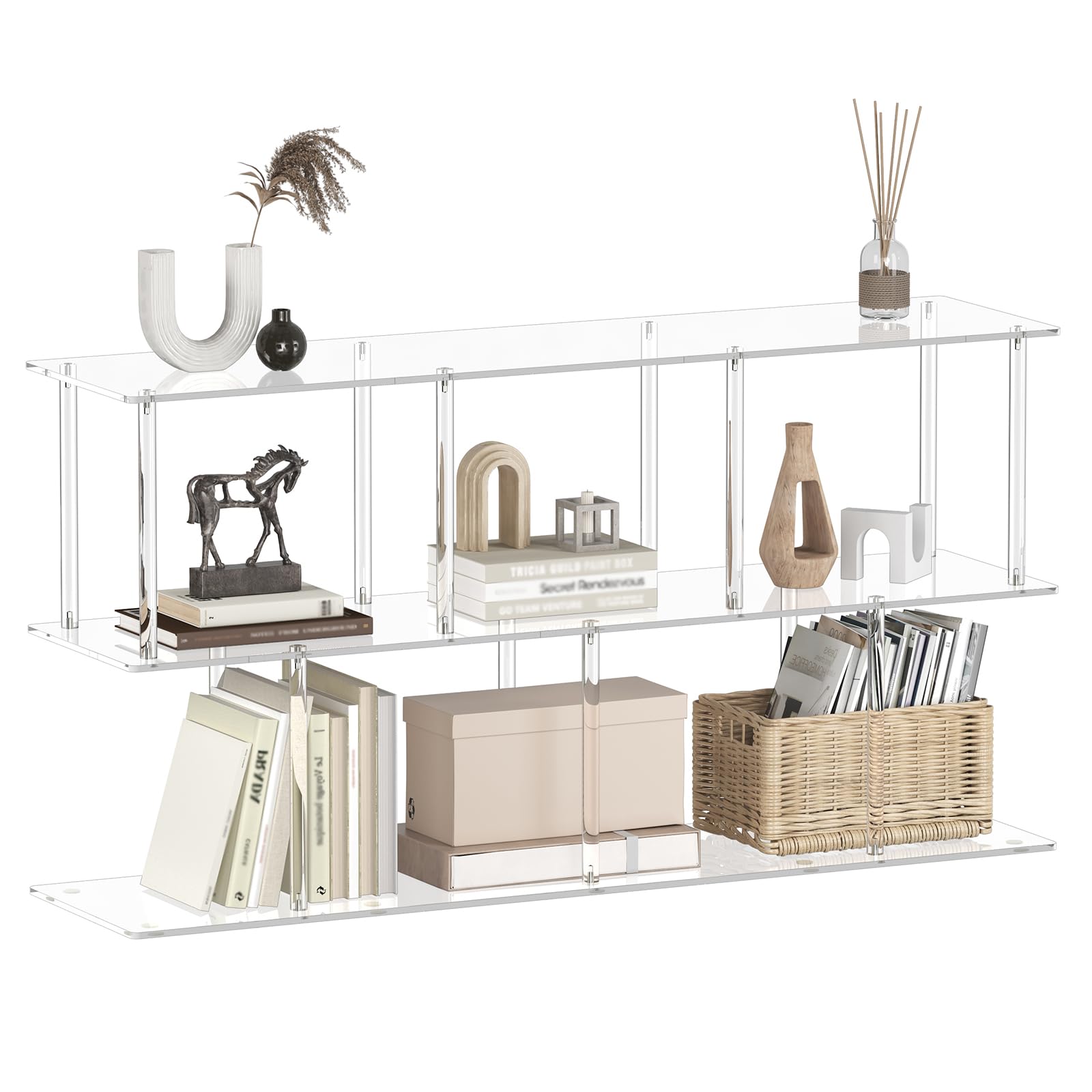 Photo 1 of CRTERICX 3-Tier Acrylic Horizontal Bookshelf, Clear Long Bookcase, Modern Low Book Shelf with 5 Cube Storage for Living Room, Office, Bedroom, 11.8''D x 47.2''W x 24.6''H